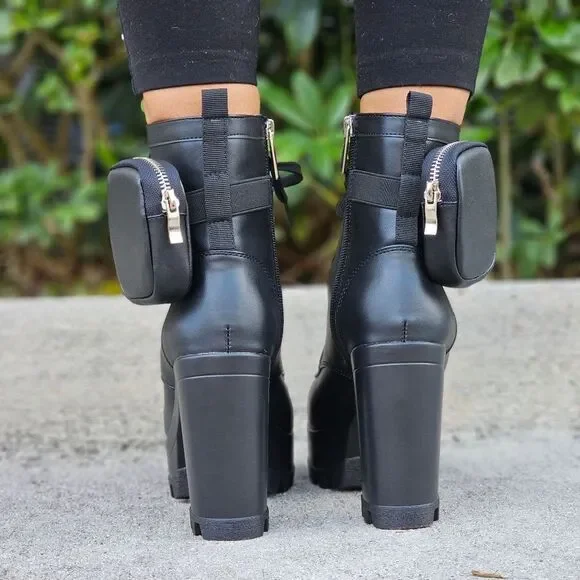 Black Women’s Lace Up Block Heel Booties Side Zipper & Pouches - Picture 4 of 5